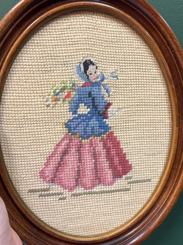 Women Holding Flowers Framed Oval Needlepoint