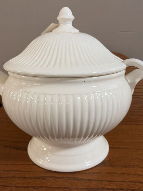 white tureen bowl with lid and spoon
