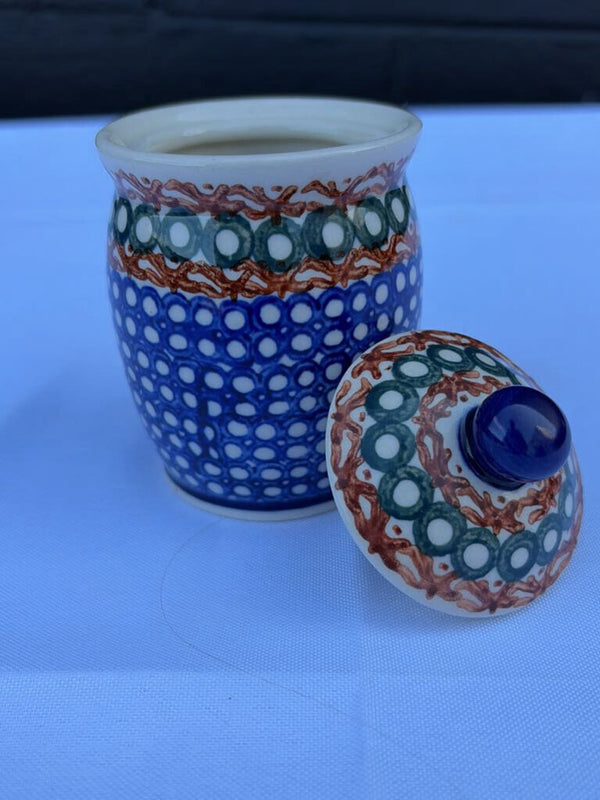 Polish pottery tiny canister in a circle pattern