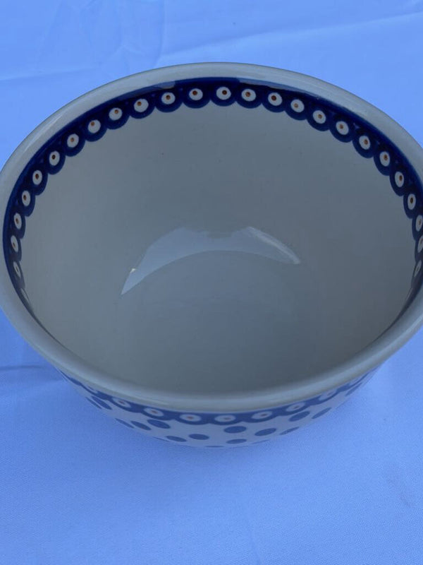Polish pottery medium mixing bowl with blue dots