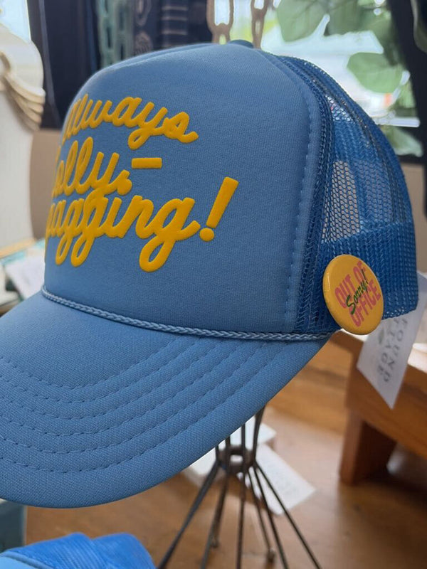 cobalt always lollygagging trucker hat with yellow font