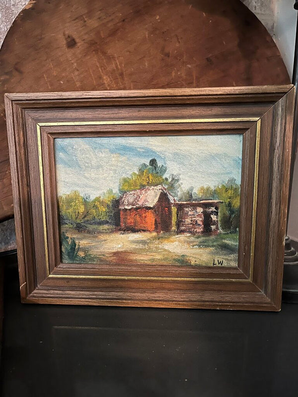 Framed barn oil on board
