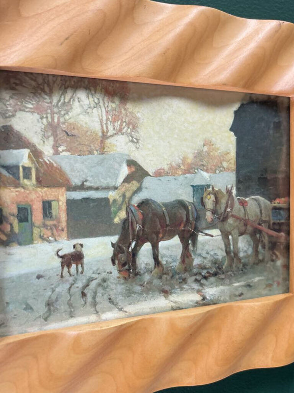 #932 Wavy Wood Framed 5x7 Winter Horse Carriage Print