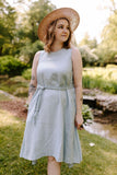 blue linen dress with belt