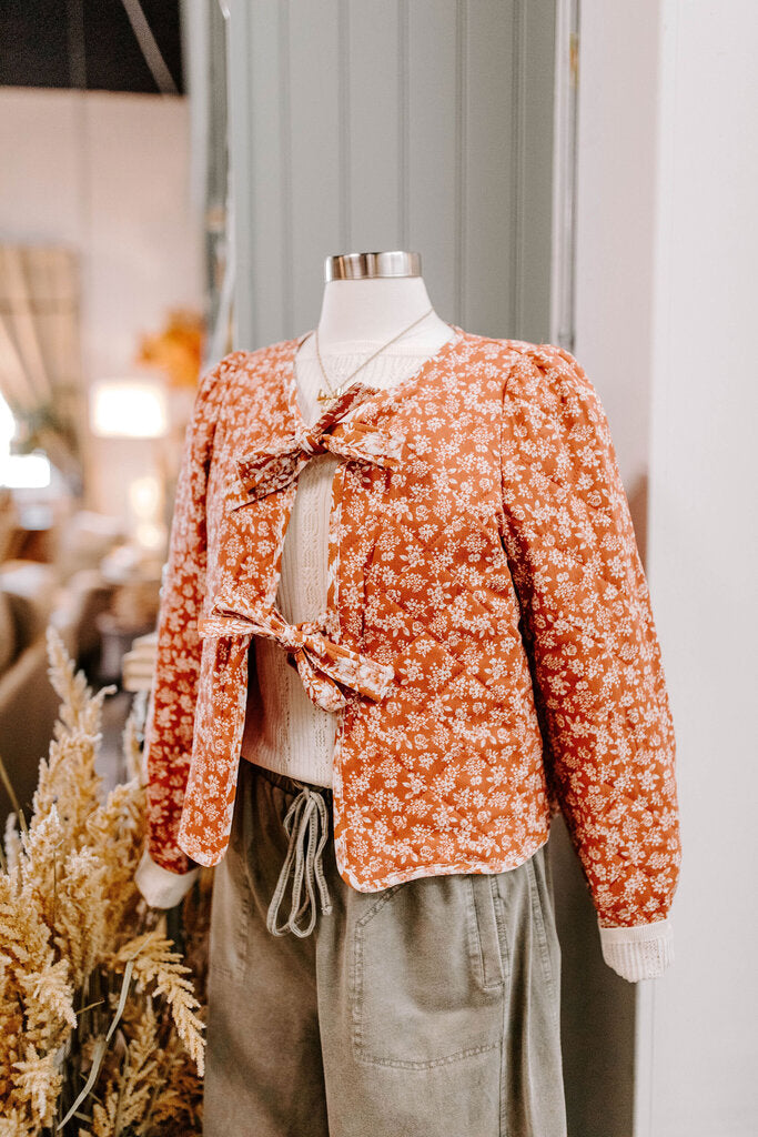 Rust Floral Print Front tie quilt jacket