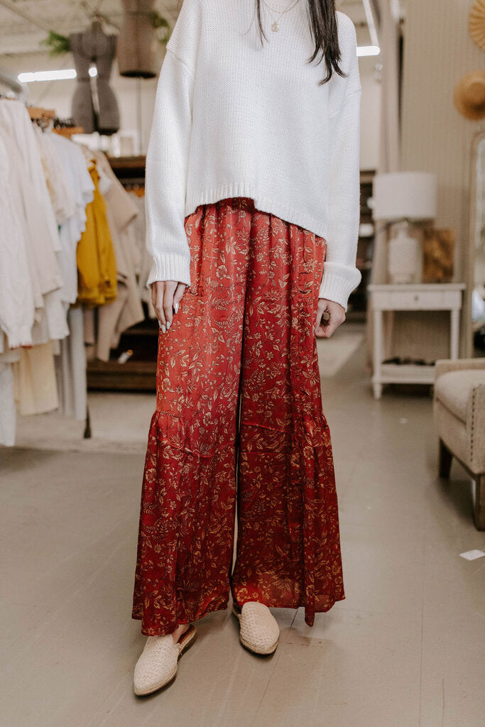 rust printed satin pants