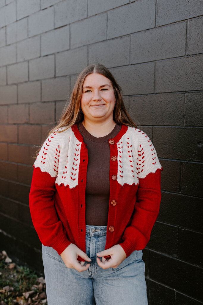 red color block knit cardigan