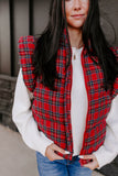 red plaid puffer vest with ruffle sleeves