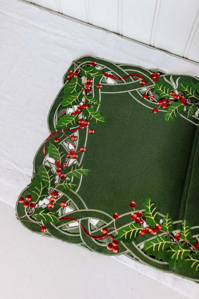 Green Embroidered Table Runner