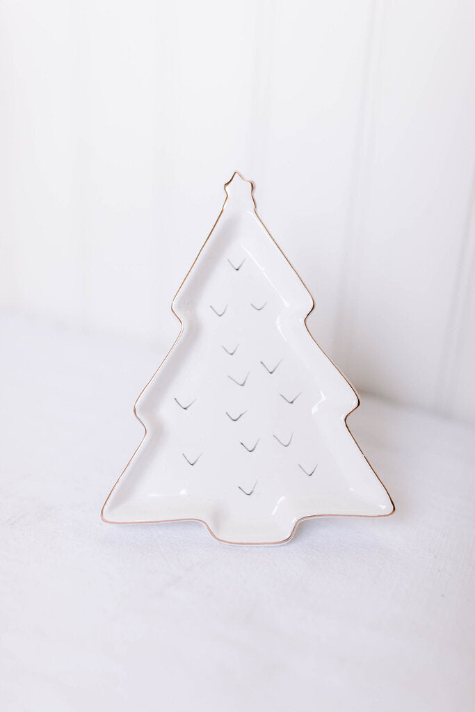 white christmas tree stoneware dish