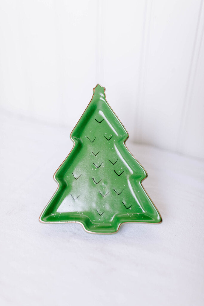 green christmas tree stoneware dish