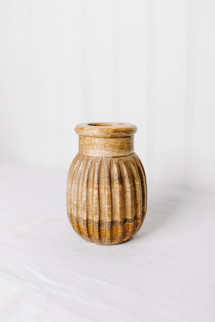 Carved Rib Dried Florals Vase Natural Mango Wood