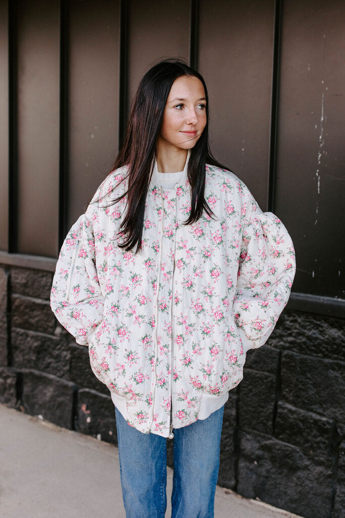 off white floral print quilted bomber jacket