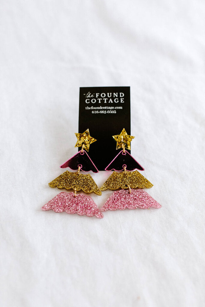 pink and gold glitter tree earrings