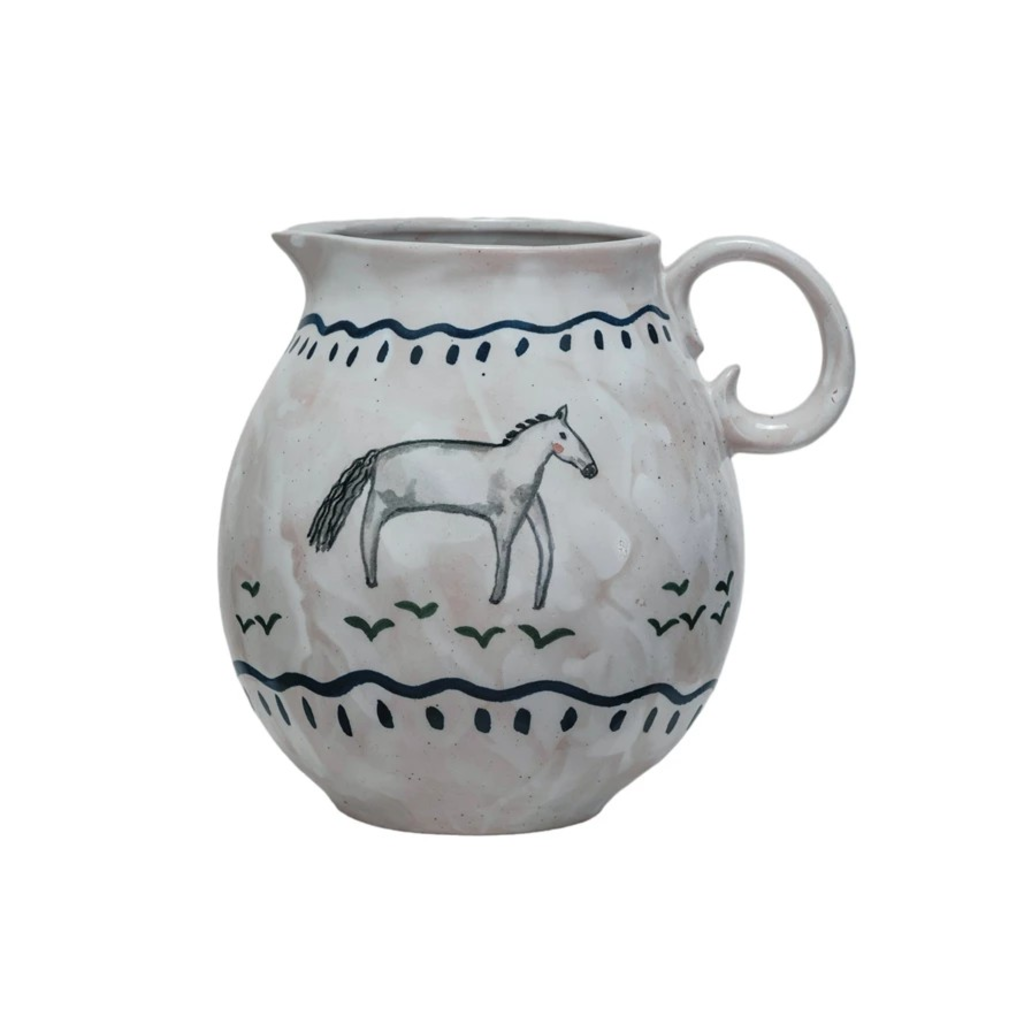 2-1/2 Quart Hand-Painted Stoneware Pitcher w/ Horse