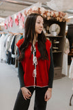 red contrast stitch front tie detail sweater