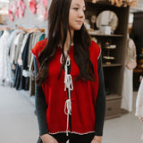 red contrast stitch front tie detail sweater