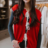 red contrast stitch front tie detail sweater