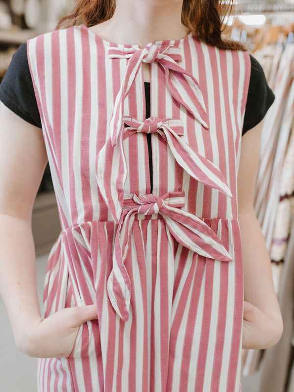 rose striped front bow detail mini dress