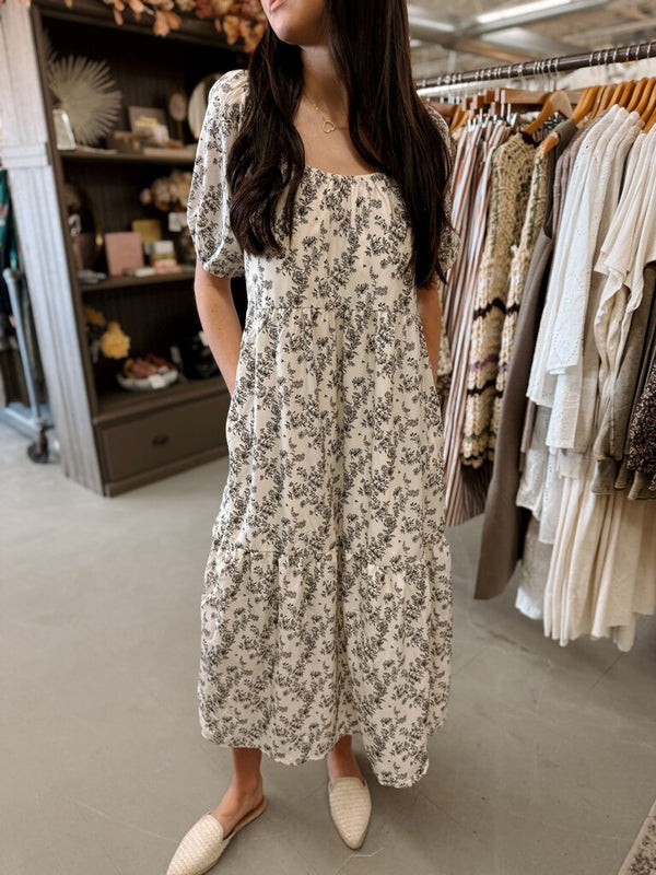 ecru floral casual midi dress