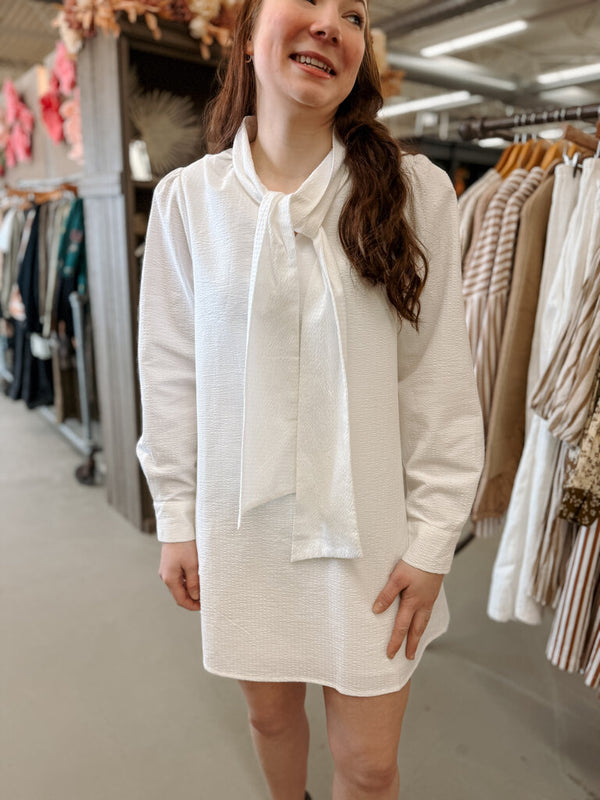 off white seersucker bow mini dress