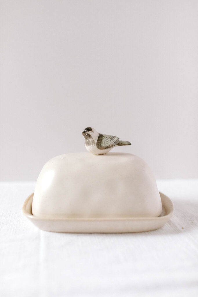 Stoneware Butter Dish with Perched Bird
