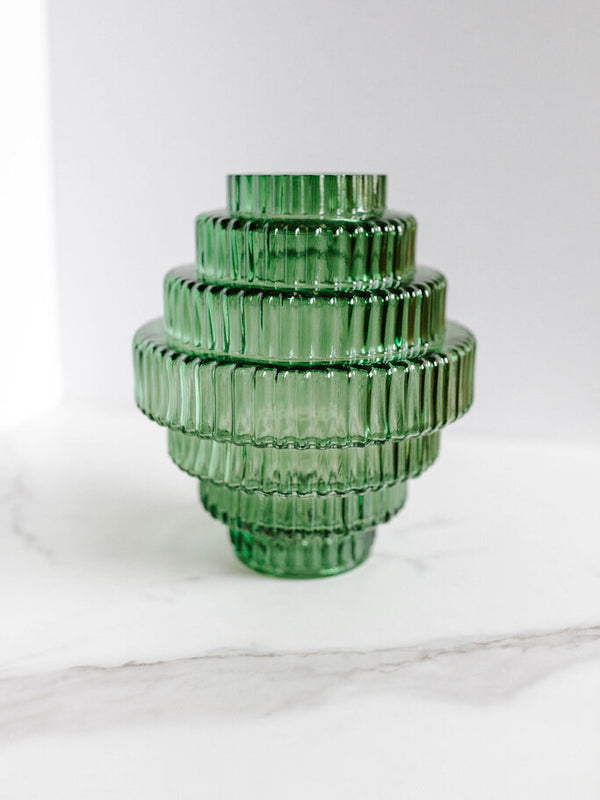 tower shaped glass vase in green