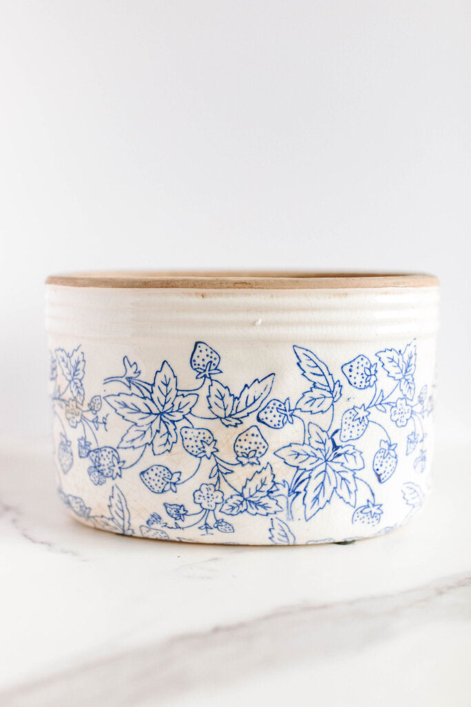 large stoneware planter with blue floral