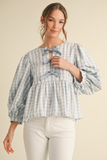 sky blue gingham top with bow front