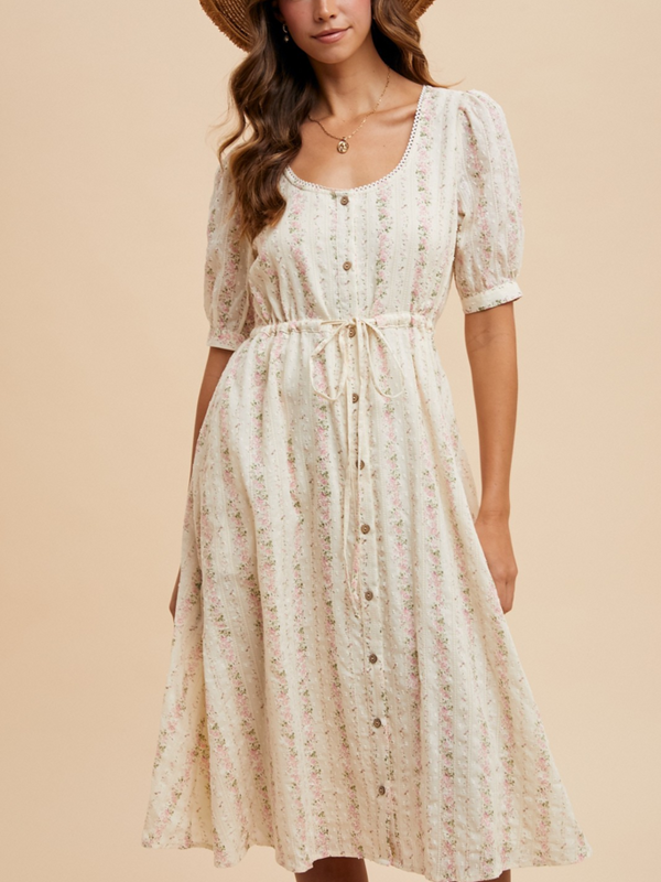 cream and pink flower print button down dress