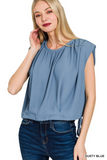dusty blue woven drawstring tie side sleeveless top