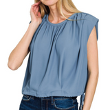 dusty blue woven drawstring tie side sleeveless top