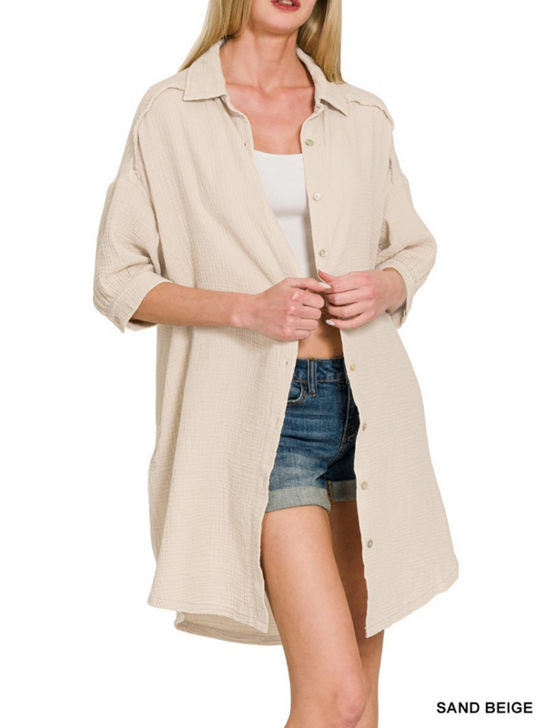 sand beige double gauze button down shirt dress