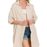 sand beige double gauze button down shirt dress