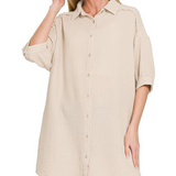 sand beige double gauze button down shirt dress