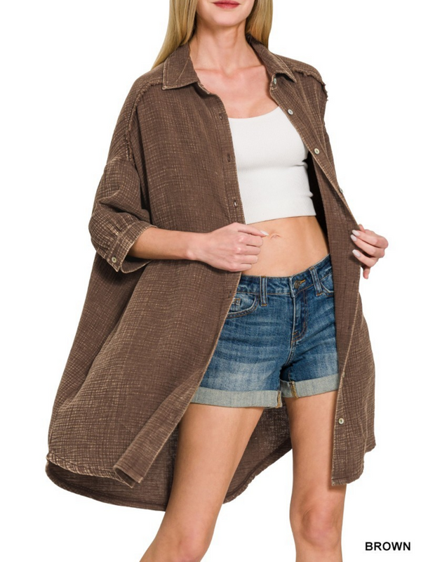 brown double gauze button down shirt dress