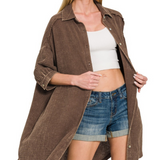 brown double gauze button down shirt dress