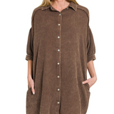 brown double gauze button down shirt dress