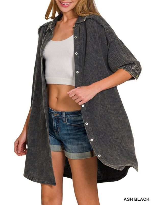 ash black double gauze button down shirt dress
