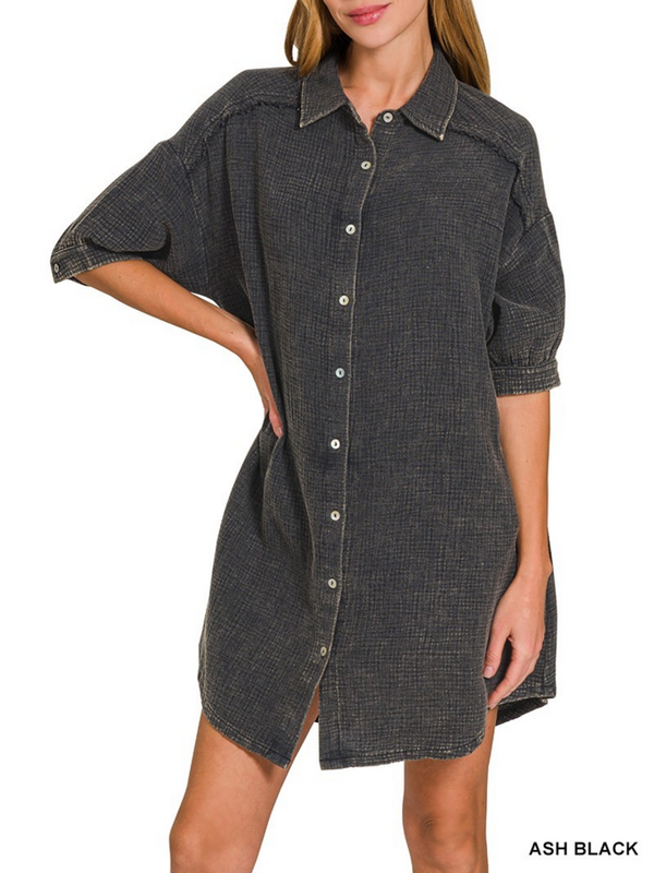 ash black double gauze button down shirt dress