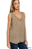 mocha crinkle washed V-neck sleeveless top