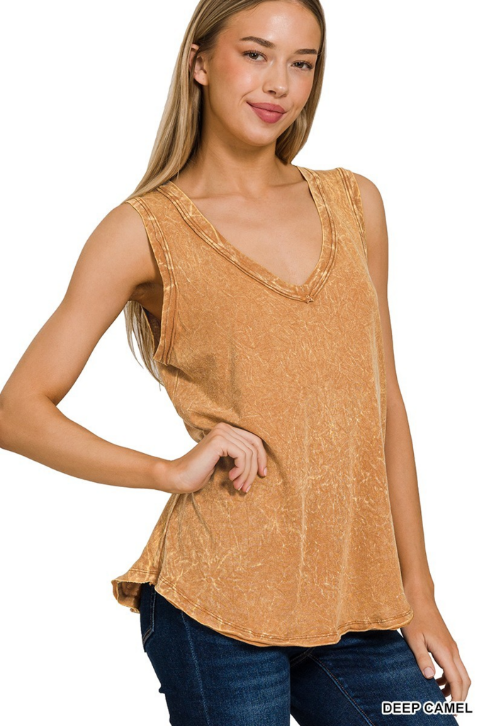 deep camel crinkle washed V-neck sleeveless top