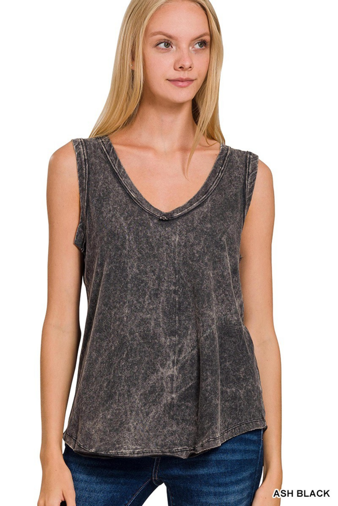 ash black crinkle washed V-neck sleeveless top