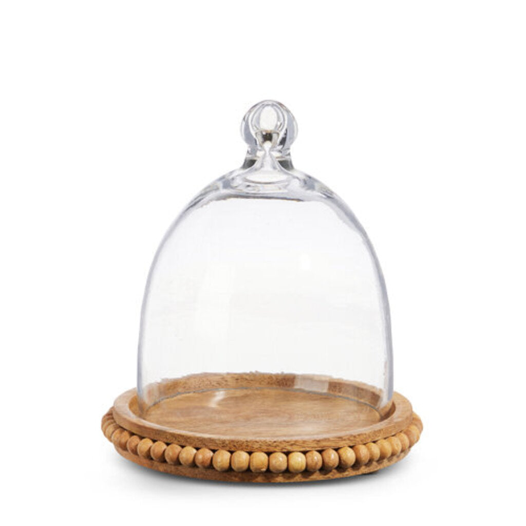 7" wood beaded tray with cloche