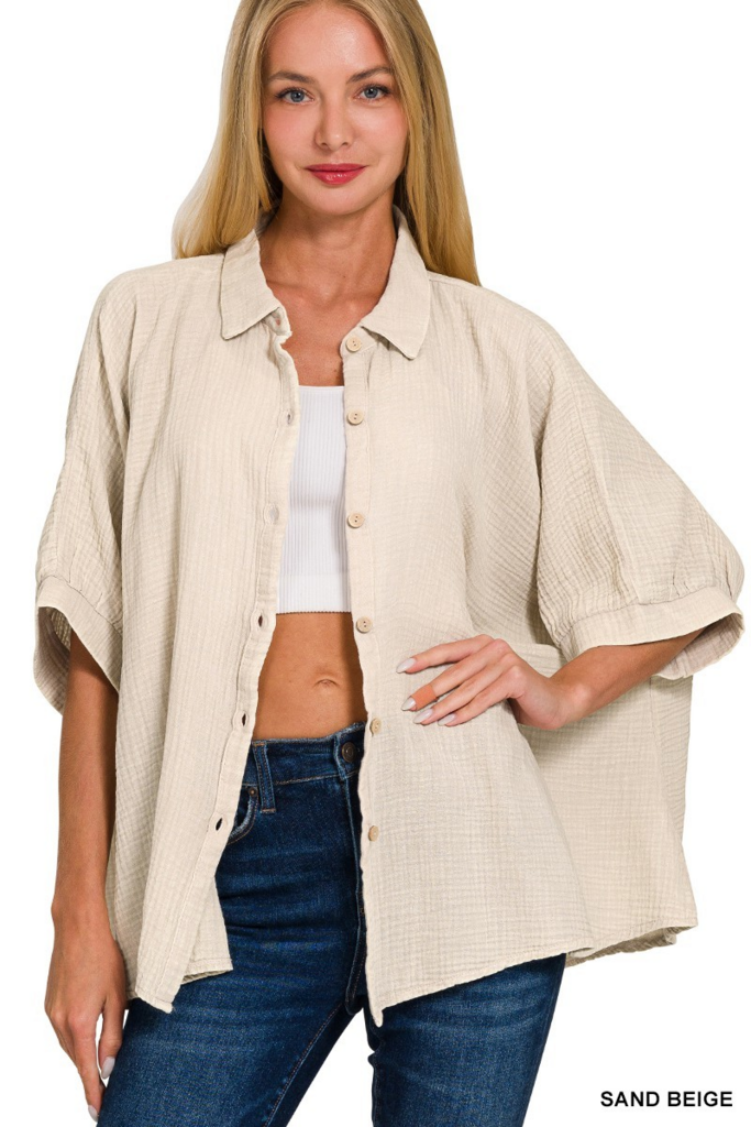 sand beige double gauze button down half sleeve shirt