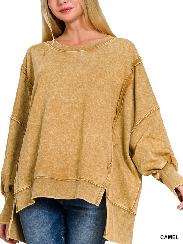 camel acid washed exposed seam sweatshirt