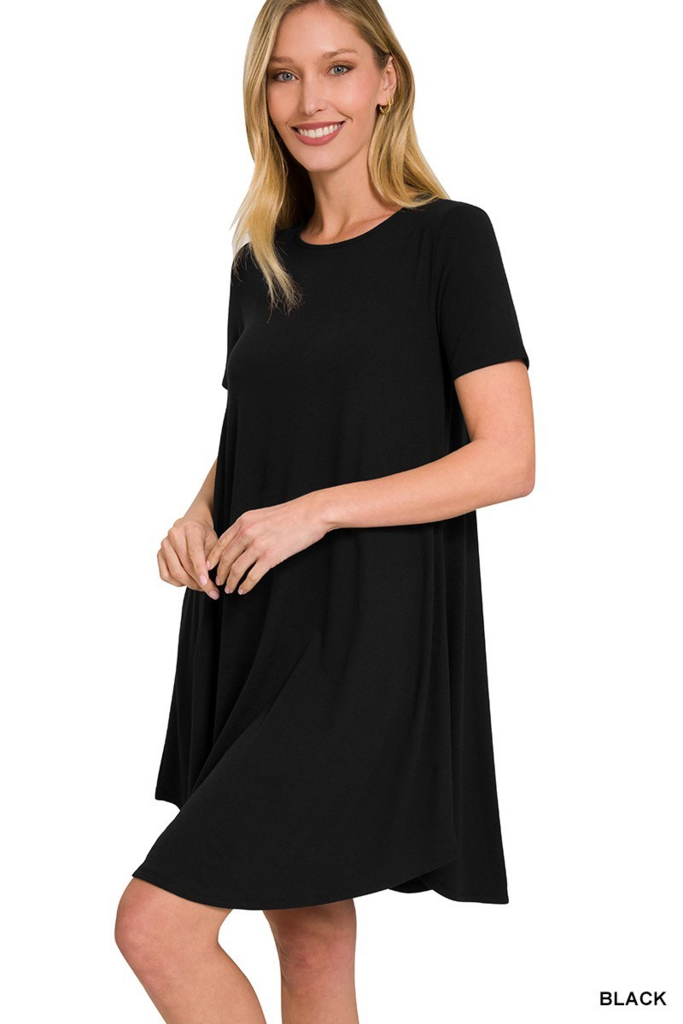 black short sleeve A-line dress with pockets