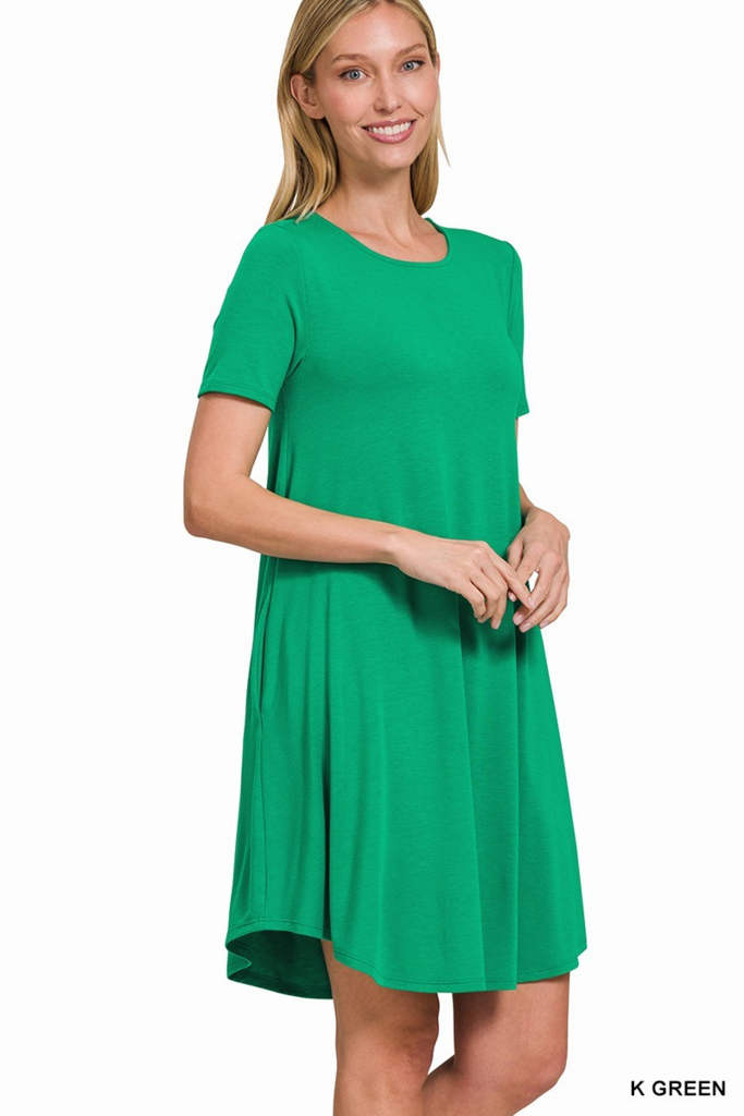 green short sleeve A-line dress with pockets