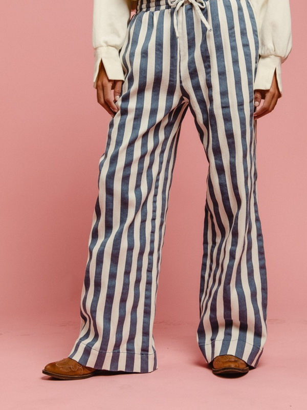 denim and off white striped pants with draw string waist