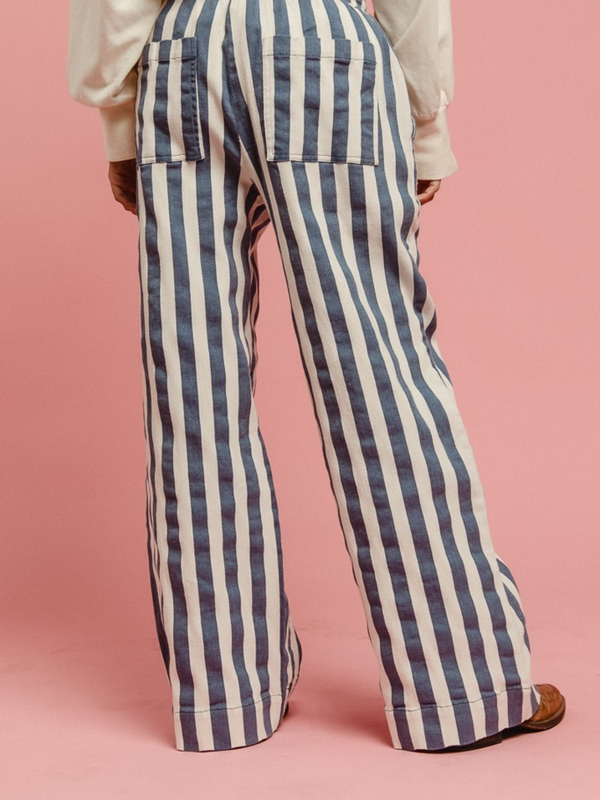 denim and off white striped pants with draw string waist